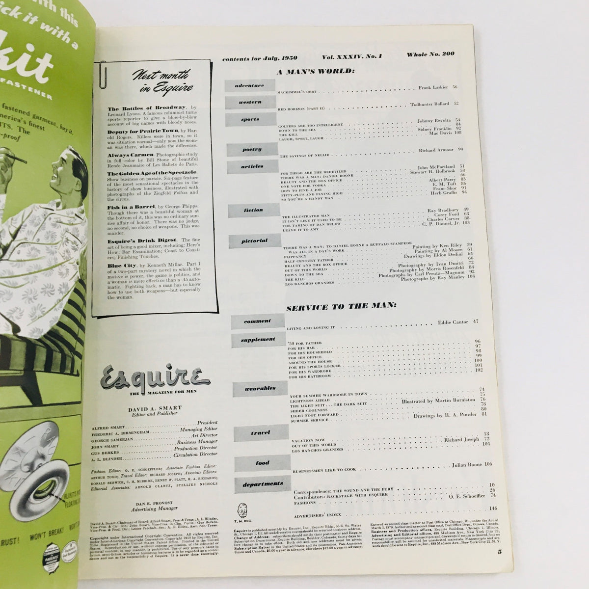 VTG Esquire Magazine July 1950 interior page displaying content listing, highlighting articles and features from the vintage publication.