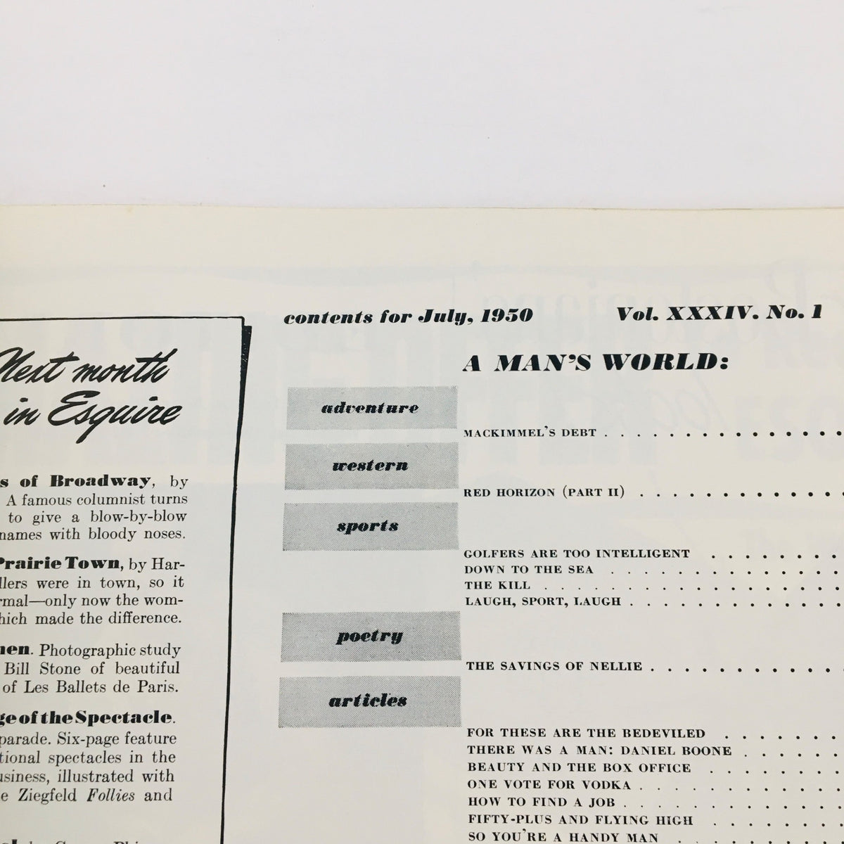 Interior page of VTG Esquire Magazine July 1950 showcasing table of contents including articles on adventure, western themes, sports, poetry, and featured stories such as 'Beauty and The Box Office.'