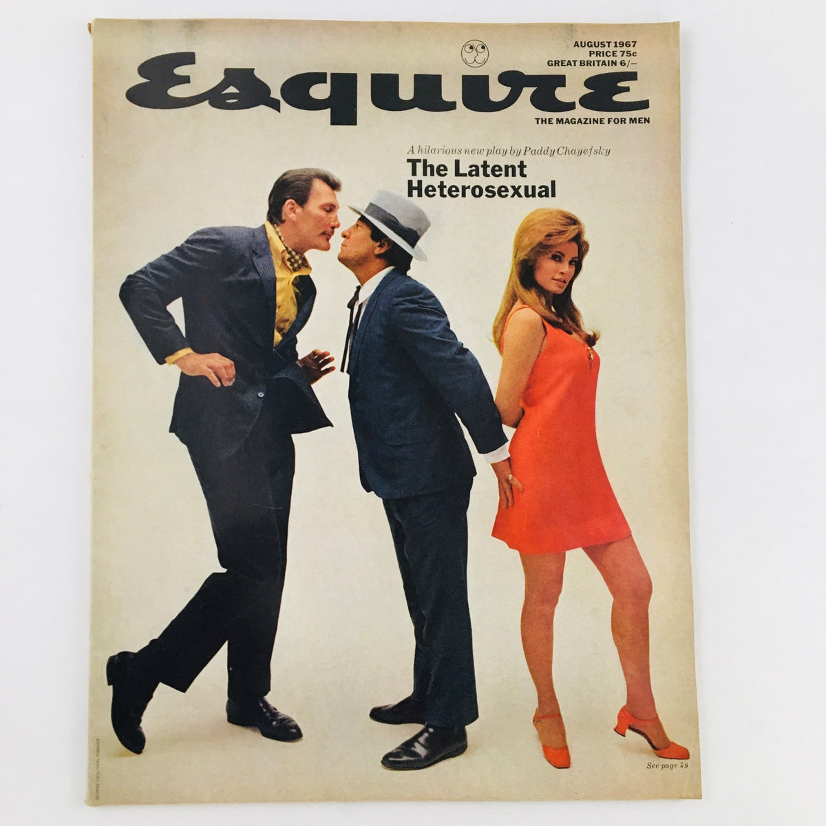 Cover of VTG Esquire Magazine August 1967 featuring the play 'The Latent Heterosexual' with a striking visual of three characters engaged in a humorous scenario.