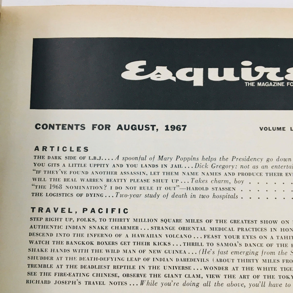Another contents page of VTG Esquire Magazine August 1967 showcasing a range of articles and highlights, emphasizing the vintage charm and editorial style of the era.