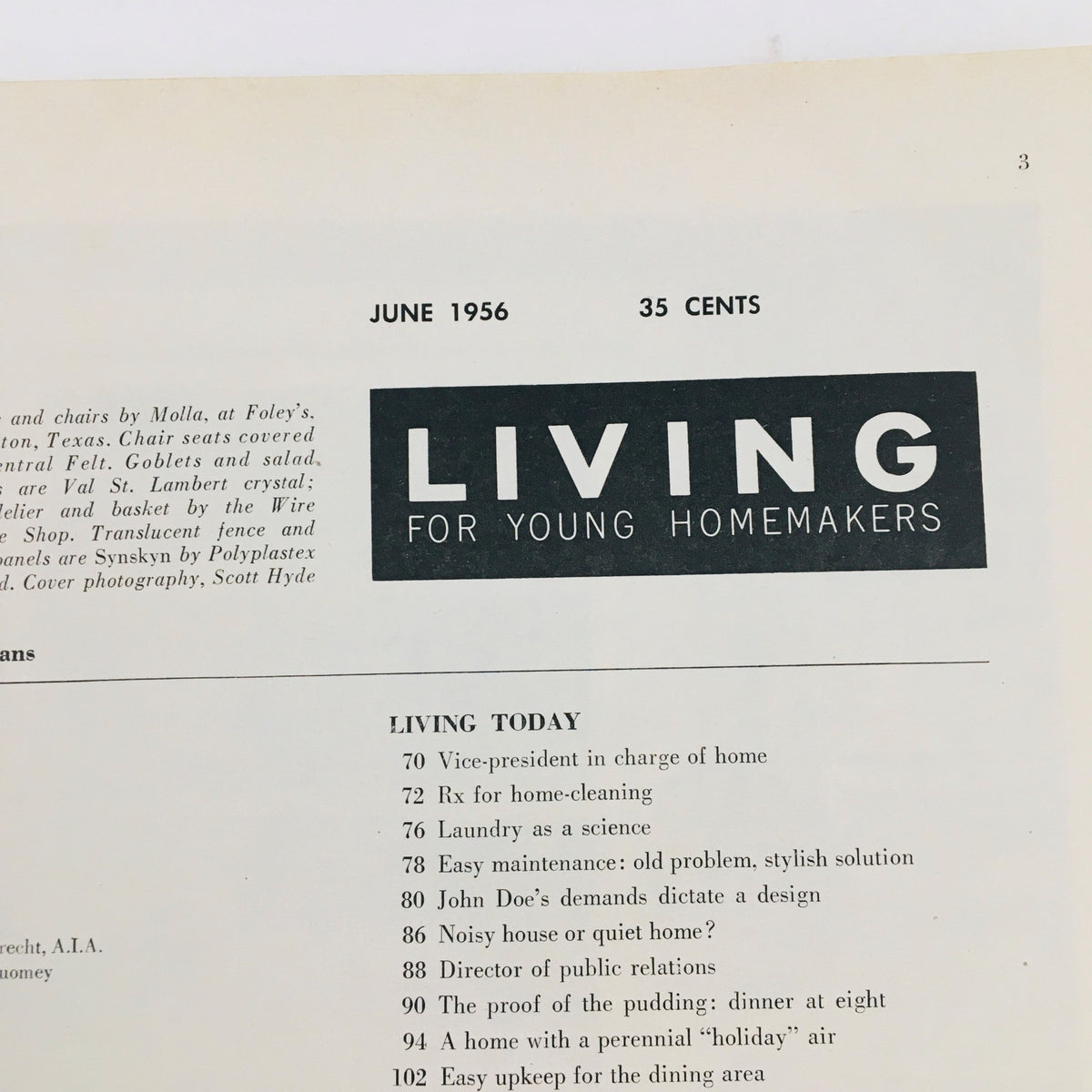 Cover page of Living For Young Homemakers June 1956 magazine featuring the title and contents including articles such as 'The proof of pudding: dinner at eight' and 'Home cleaning tips'. The magazine is in good condition with a protective plastic covering.