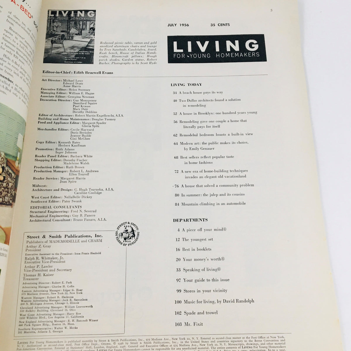 Inside page of the magazine 'Living For Young Homemakers' July 1956, showcasing the table of contents and editor's note.