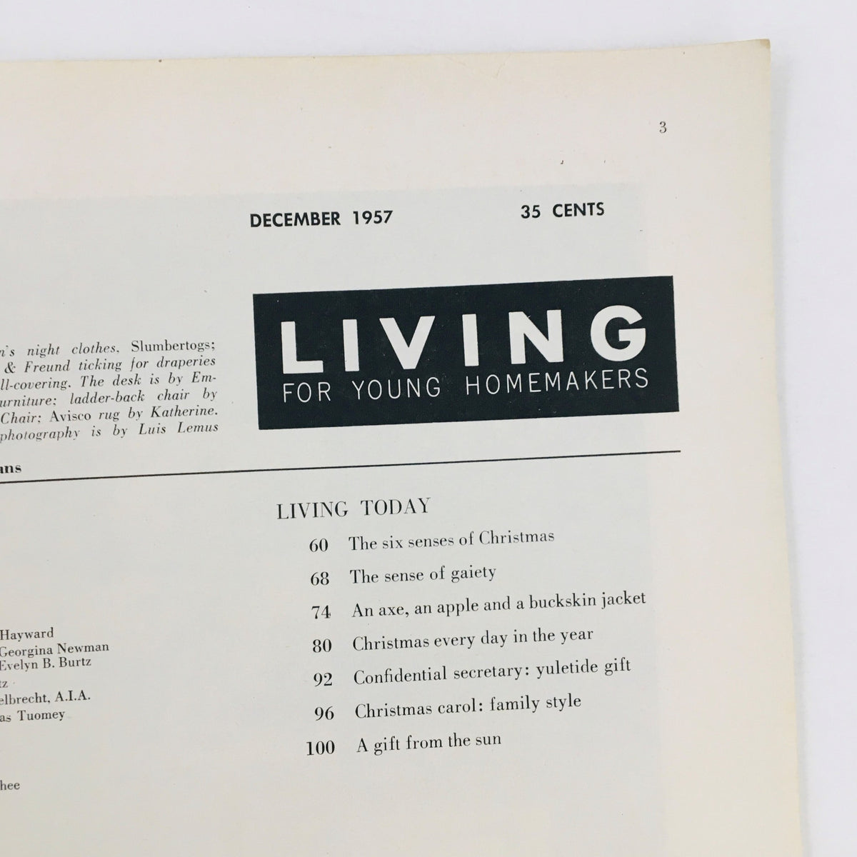 Another view of the table of contents from Living For Young Homemakers December 1957 magazine, highlighting topics and features for homemakers.