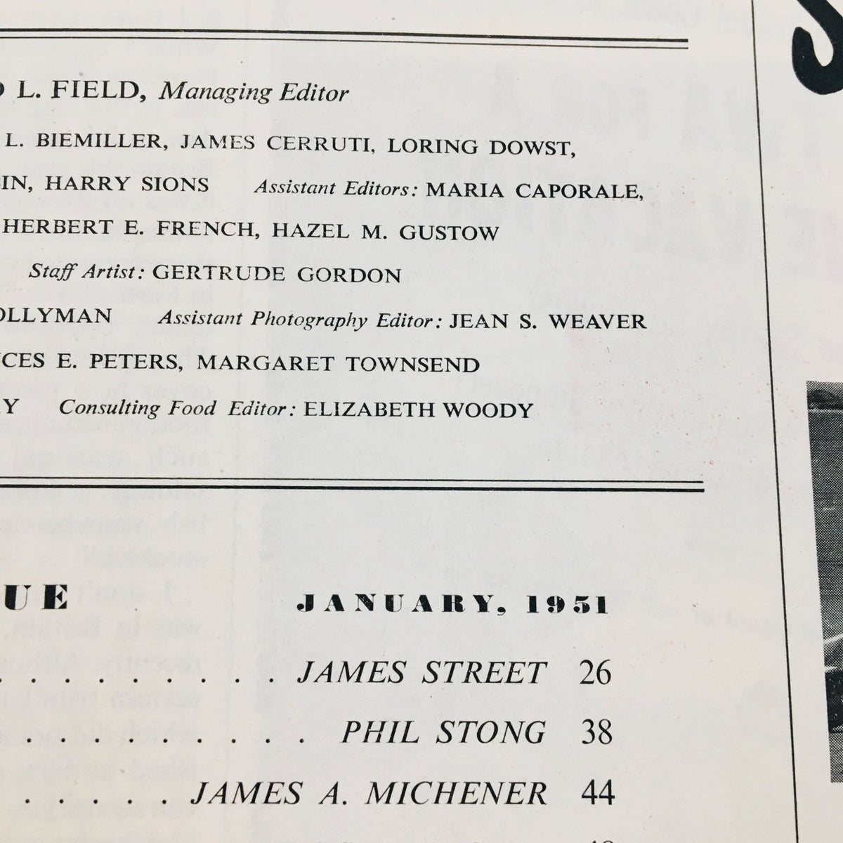 Close-up of the editorial page of the VTG Holiday Magazine January 1951 featuring editor details and contributions.