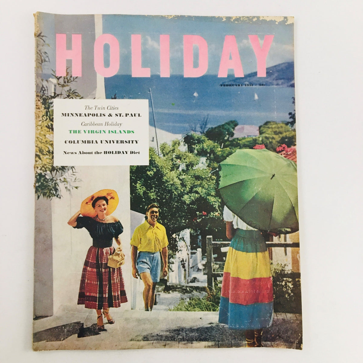 Cover of the VTG Holiday Magazine February 1951 featuring Minneapolis & St. Paul Twin Cities with vibrant colors and a tropical scene.