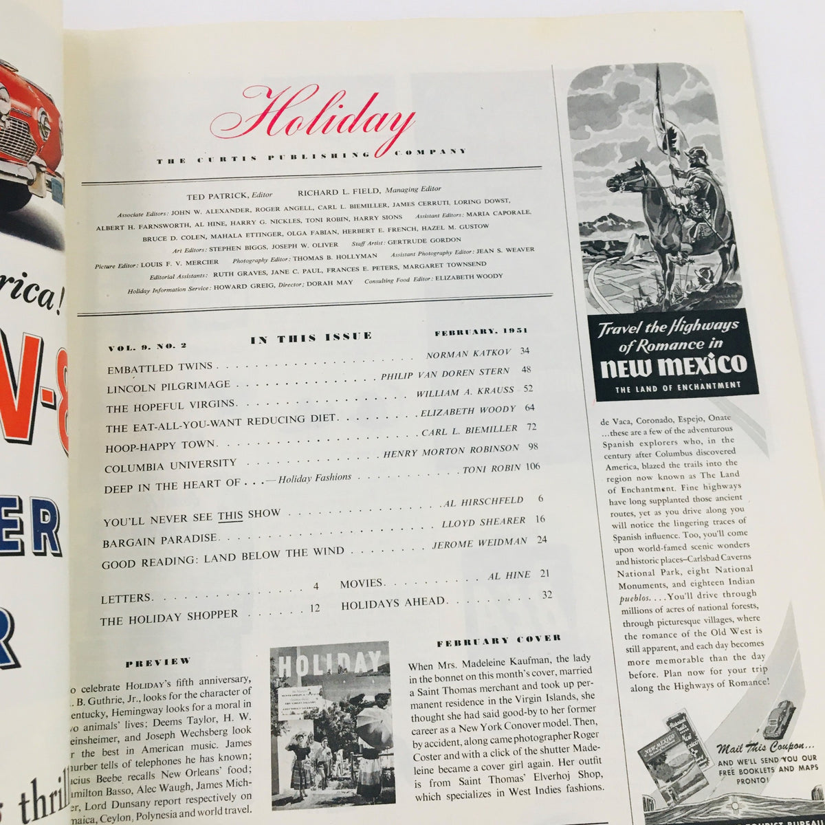 Inside page of the VTG Holiday Magazine February 1951 displaying article headings and advertisements reflecting early 1950s American culture.