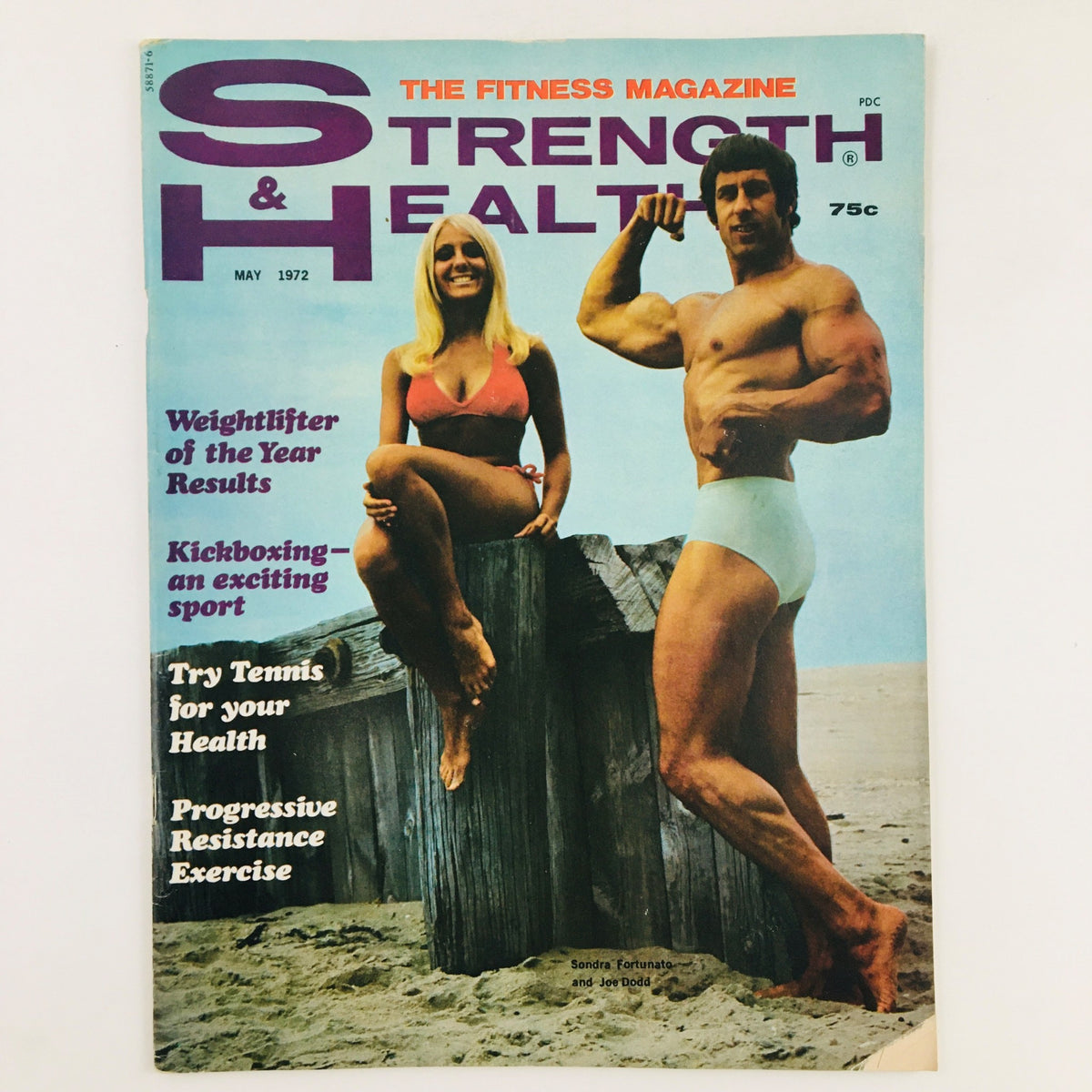 Cover of Strength & Health Magazine May 1972 featuring Sondra Fortunato and Joe Dodd, highlighting topics like Weightlifter of the Year Results and Kickboxing.