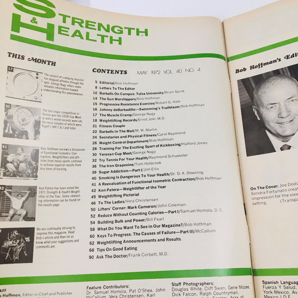 Table of contents page from Strength & Health Magazine May 1972, detailing featured articles and contributors.