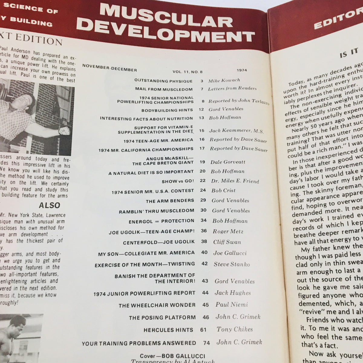 Interior page of Muscular Development Magazine November 1974 featuring table of contents and editorial notes. This vintage issue showcases bodybuilding and fitness culture of the 1970s.