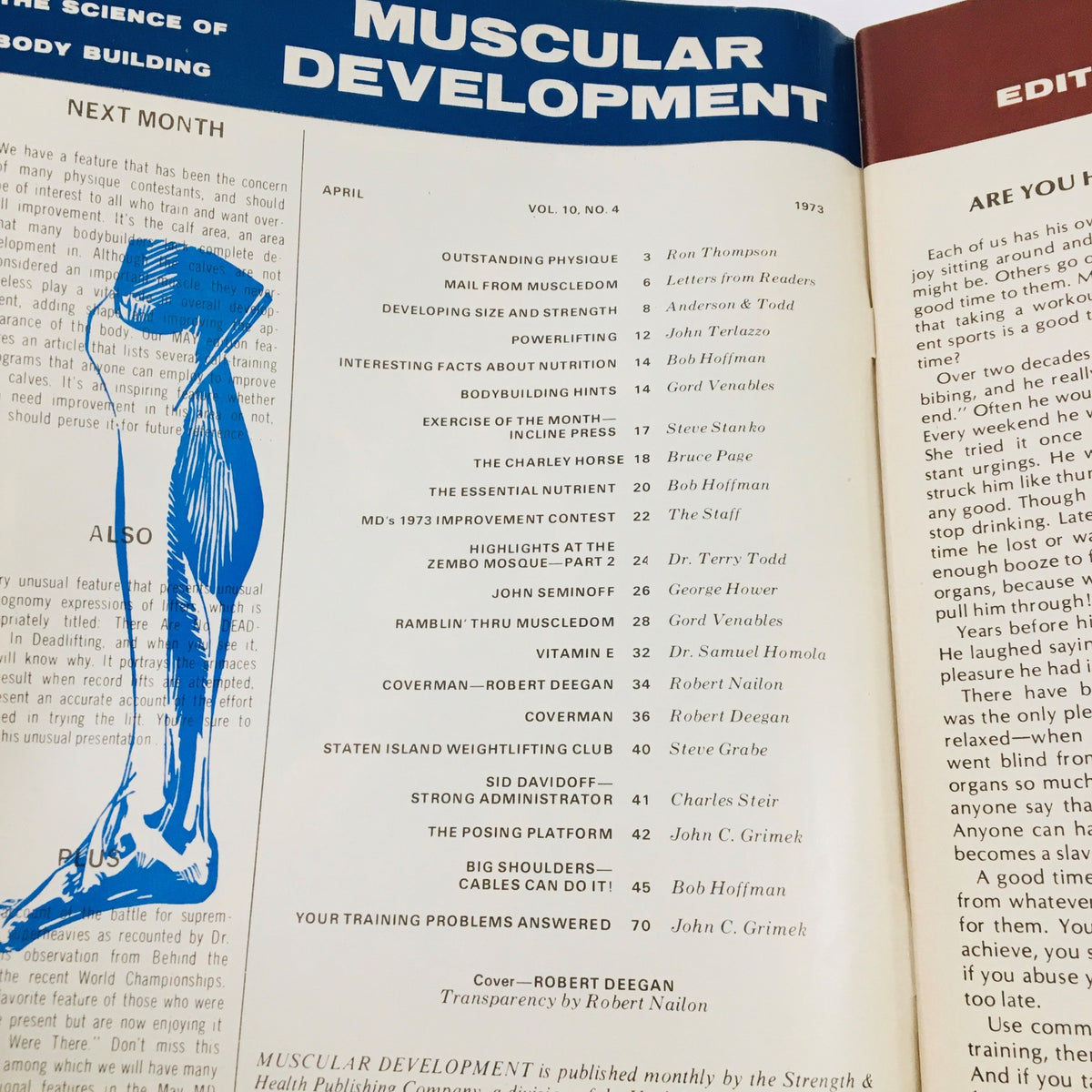 Inside page of Muscular Development Magazine April 1973, detailing articles and content focused on bodybuilding and fitness.