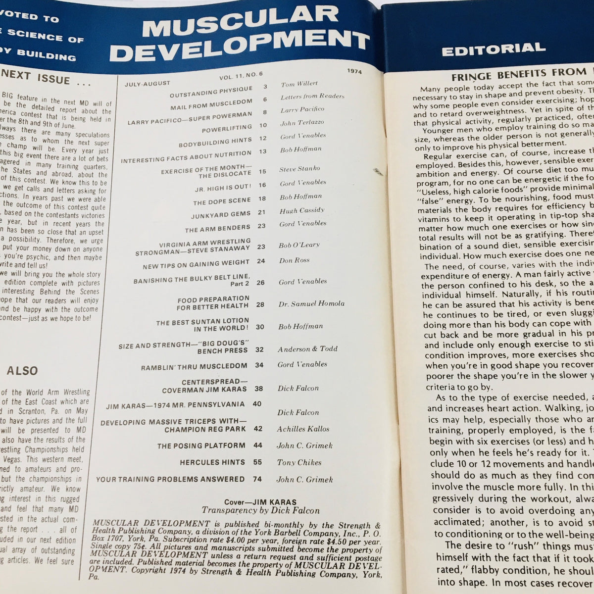 Inside pages of Muscular Development Magazine August 1974 with editorial content including features on fitness and bodybuilding, highlighting Jim Karas and workout tips.
