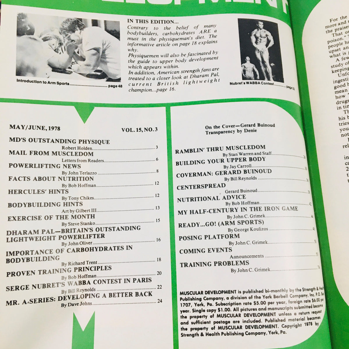 Inside spread of Muscular Development Magazine June 1978 showcasing articles and features, including a cover story on bodybuilder Gerard Bulnoud. The layout includes a table of contents and topics related to bodybuilding, nutrition, and training.