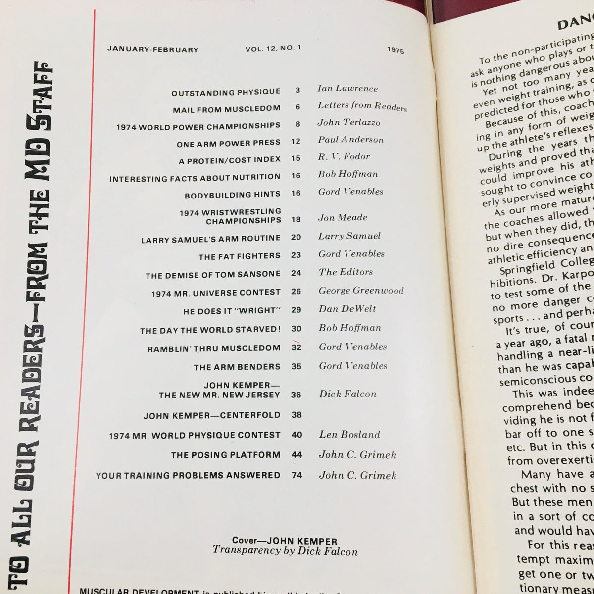 Table of contents from Muscular Development Magazine January 1975 featuring articles on bodybuilding, including John Kemper, Mr. Atlantis, and various fitness topics.