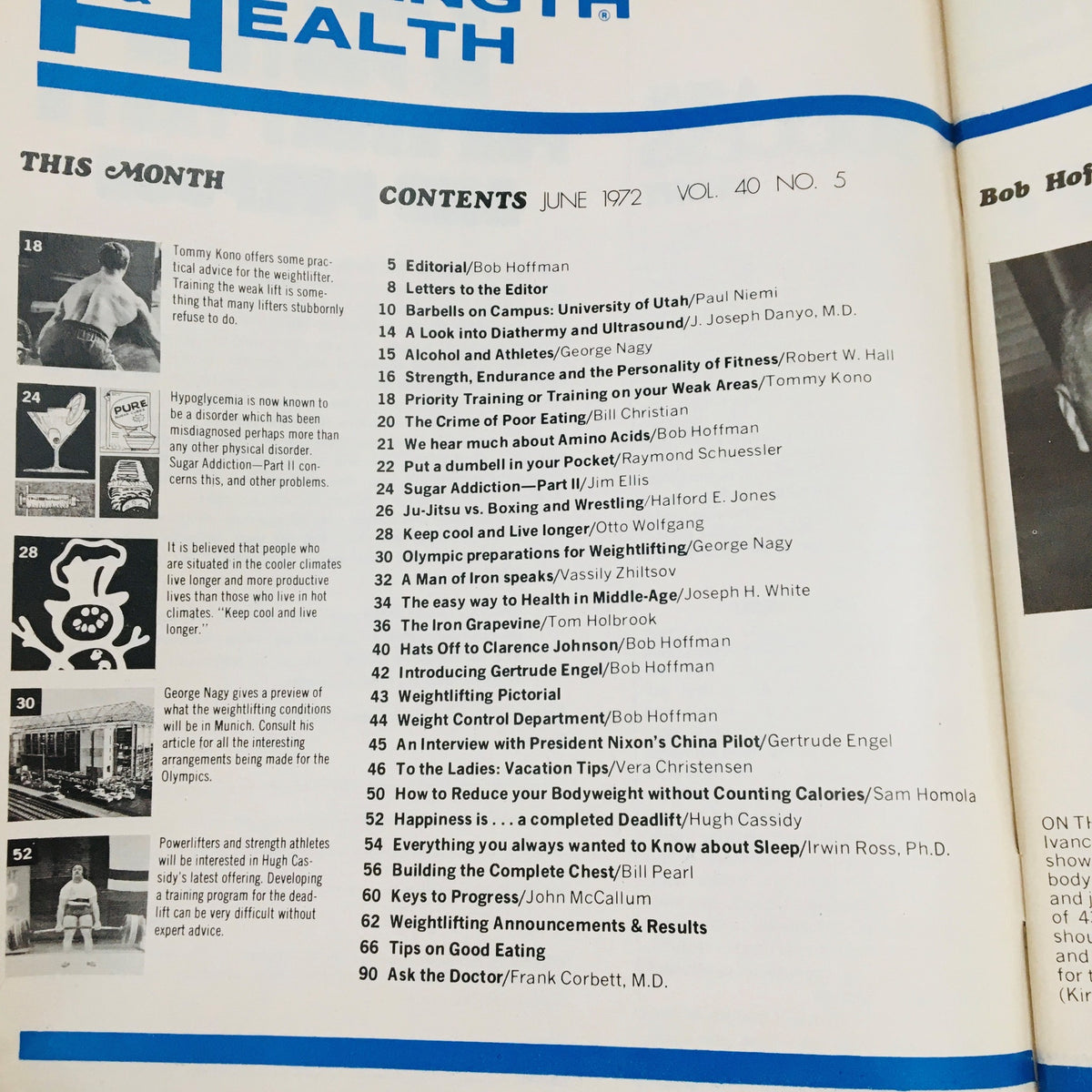 Contents page of Strength & Health Magazine June 1972 featuring various articles on fitness, weightlifting, and health topics.