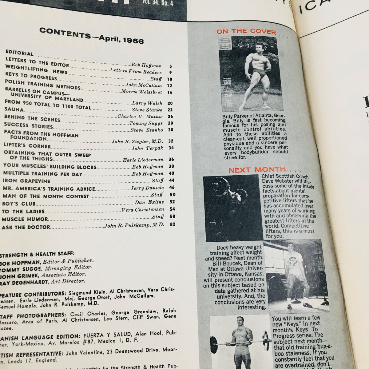 Contents page of Strength & Health Magazine April 1966, listing articles including features on Billy Parker, bodybuilding techniques, and nutrition.