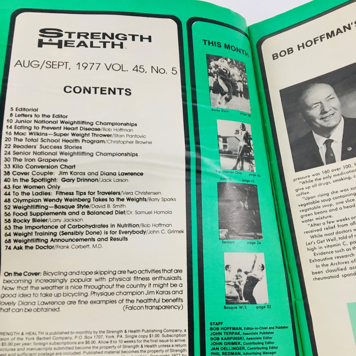 Inside contents page of Strength & Health Magazine September 1977 detailing articles and topics including Jim Karas and Diana Lawrence.