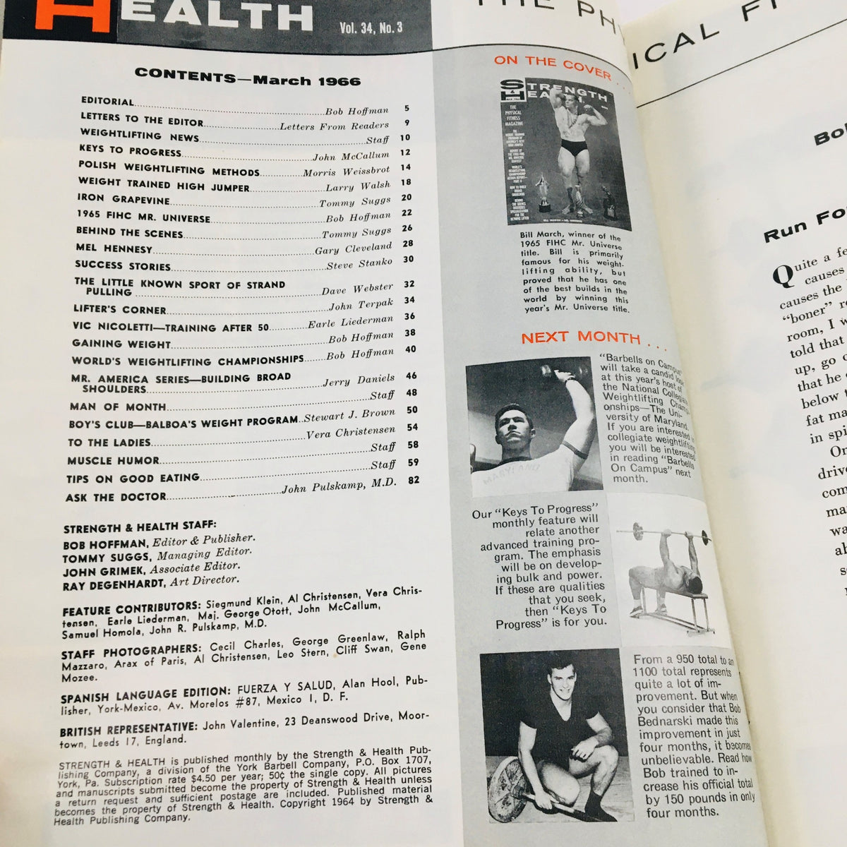Contents page of Strength & Health Magazine March 1966 highlighting articles and features related to bodybuilding and fitness.
