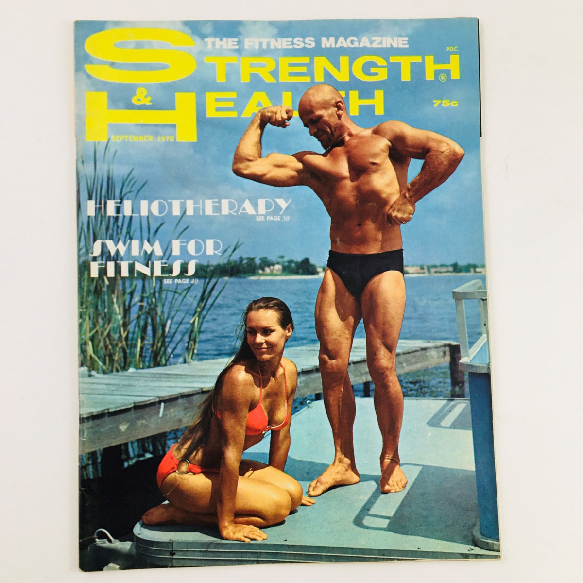 Cover of Strength & Health Magazine September 1970 featuring Al & Vera Christensen. The magazine showcases fitness themes with a focus on heliotherapy and swimming for fitness, highlighted with vibrant photography.