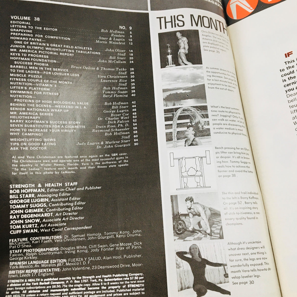 Inside page of Strength & Health Magazine September 1970 featuring the editorial section and articles highlights, showcasing fitness topics and contributors, including Al & Vera Christensen.