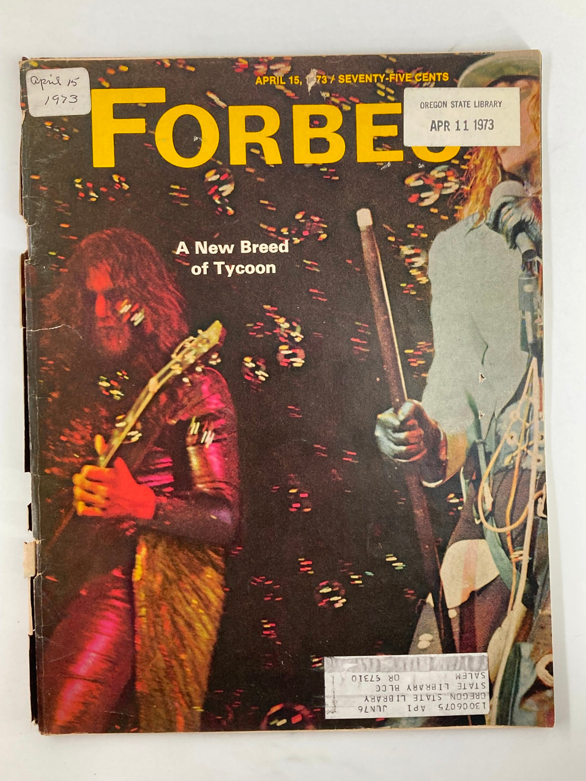 Cover of Forbes Magazine from April 15, 1973, featuring the title 'A New Breed of Tycoon' with vibrant colors and a dynamic image of a performer. This vintage magazine issue highlights significant themes in American business history.