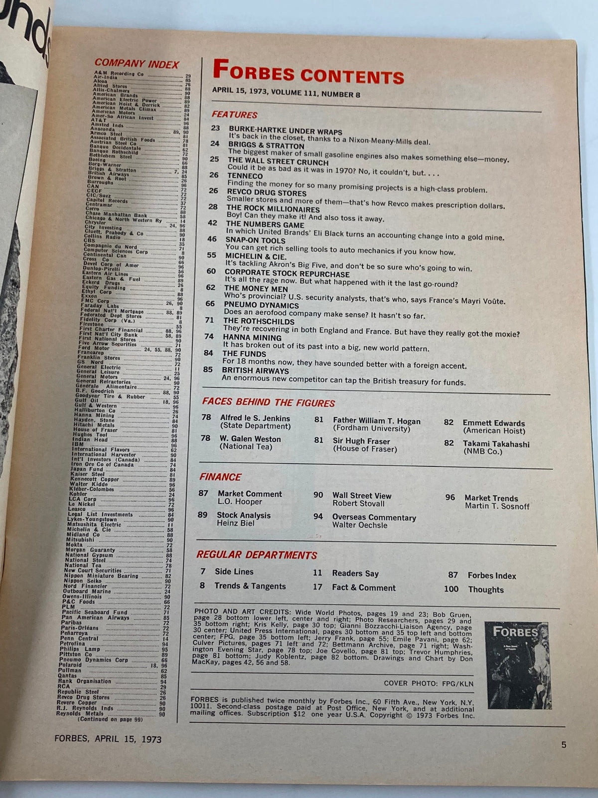 Inside content page of Forbes Magazine, April 15, 1973, showcasing the table of contents and features including articles on the Wall Street crunch and financial trends of the time. An important historical resource for business enthusiasts.