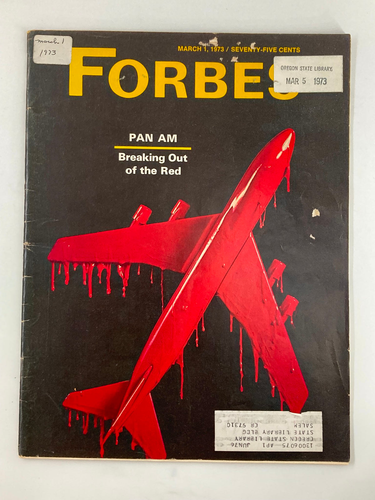 Cover of VTG Forbes Magazine March 1 1973 featuring the title 'Pan Am Breaking Out of the Red' with a striking red airplane design.