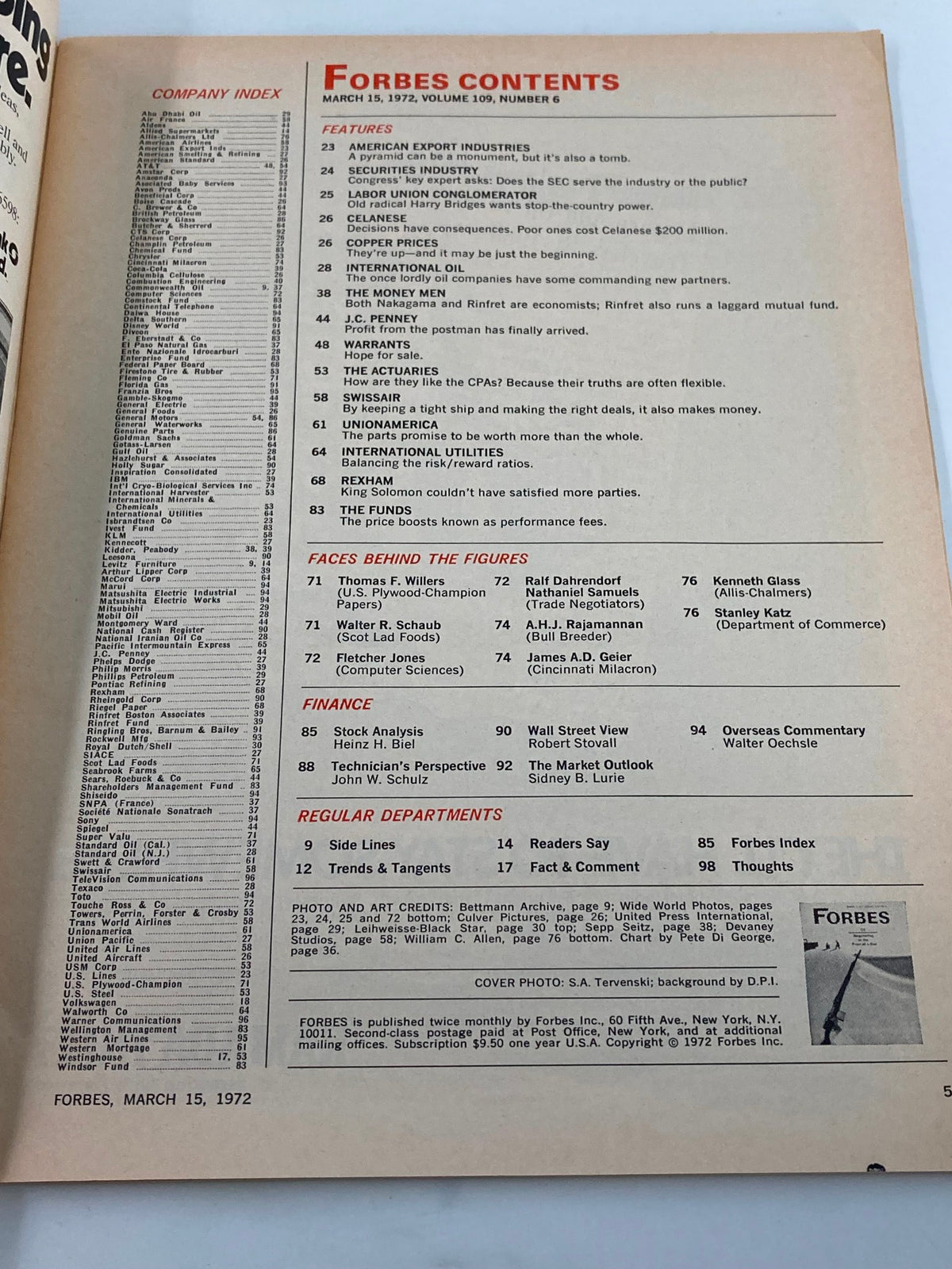 Forbes contents page from the March 15, 1972 issue titled 'Oil - Negotiating at the Point of a Gun'. This page lists featured articles, finance insights, and regular departments, reflecting the political and economic themes of the era.