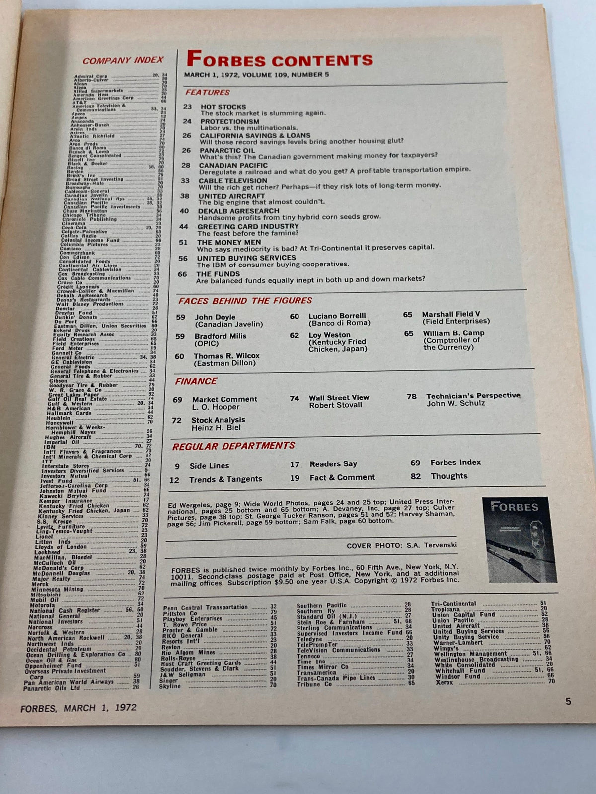 Contents page of VTG Forbes Magazine March 1 1972, featuring articles on economics, finance, model railroads, and a list of contributors.