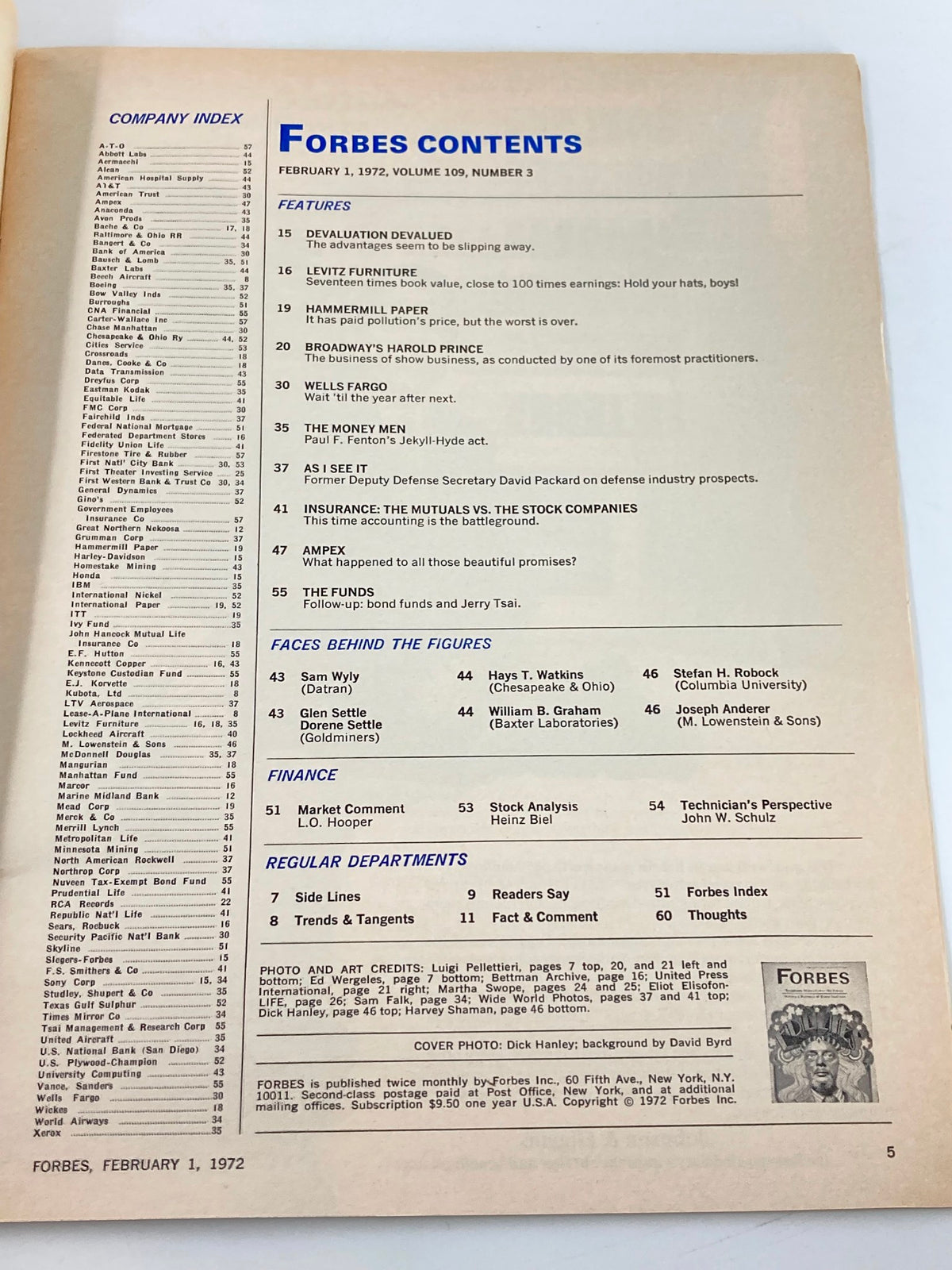 Contents page of VTG Forbes Magazine February 1, 1972, displaying sections and feature articles including one on Broadway's Hal Prince, indicative of the magazine's focus on business and culture.