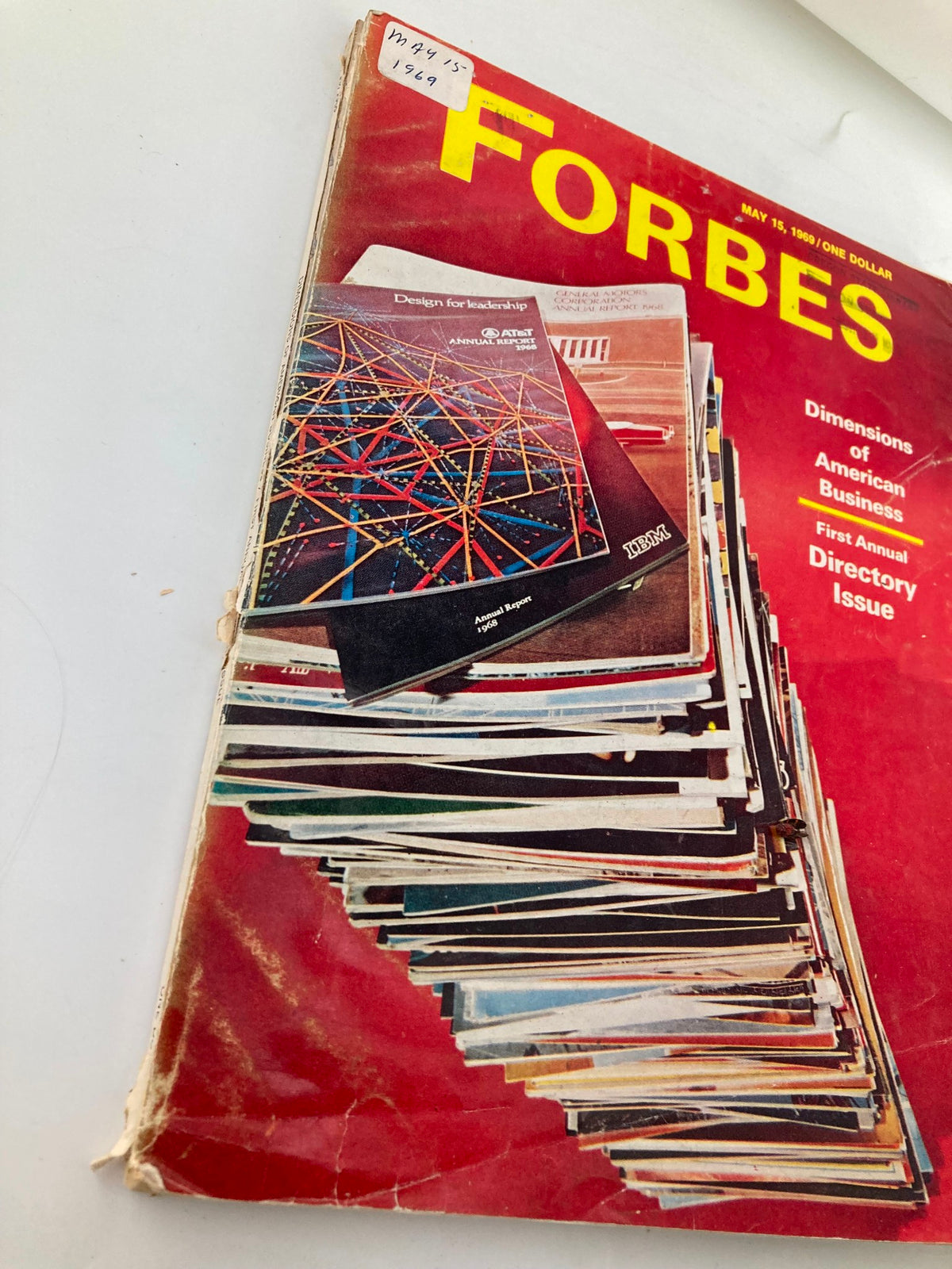 Side view of VTG Forbes Magazine May 15 1969 showcasing the title 'Dimensions of American Business' and vibrant design elements.