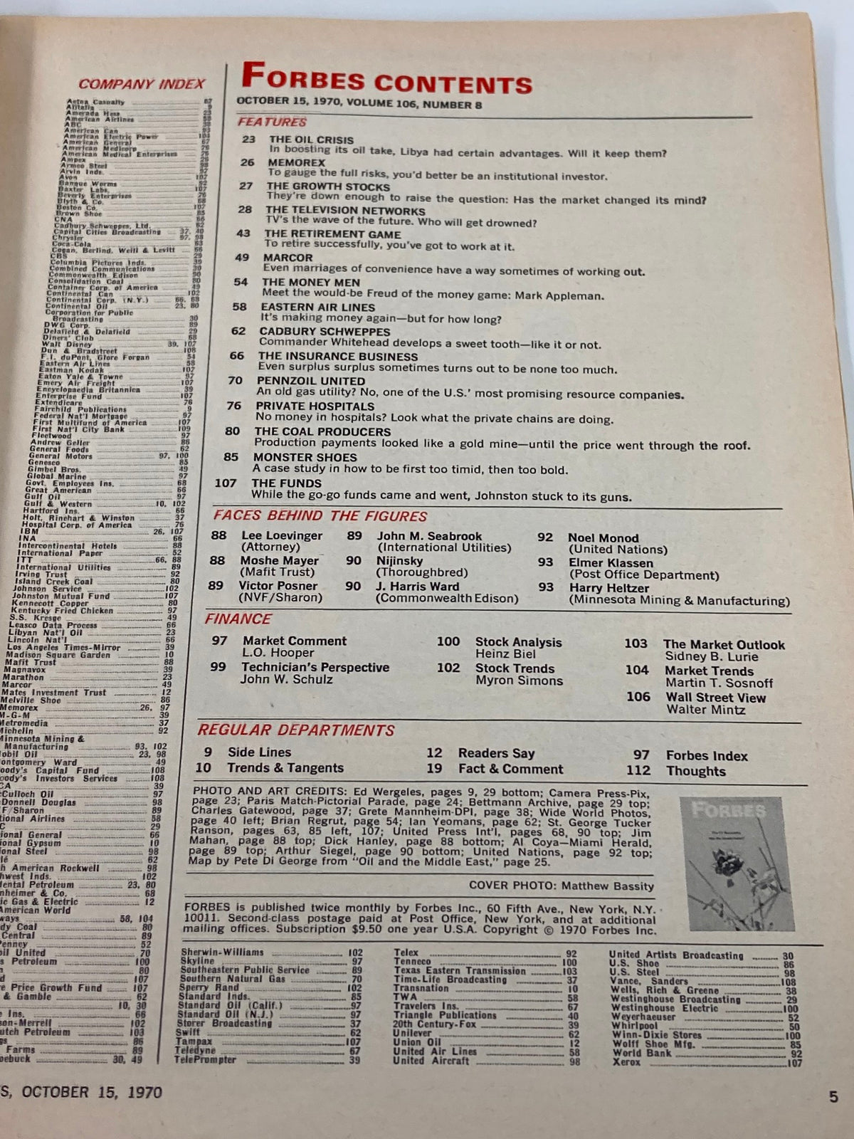 Contents page of the October 15, 1970 issue of Forbes Magazine, detailing articles and features including 'The Oil Crisis' and 'The TV Networks: Has the Bloom Faded?.'