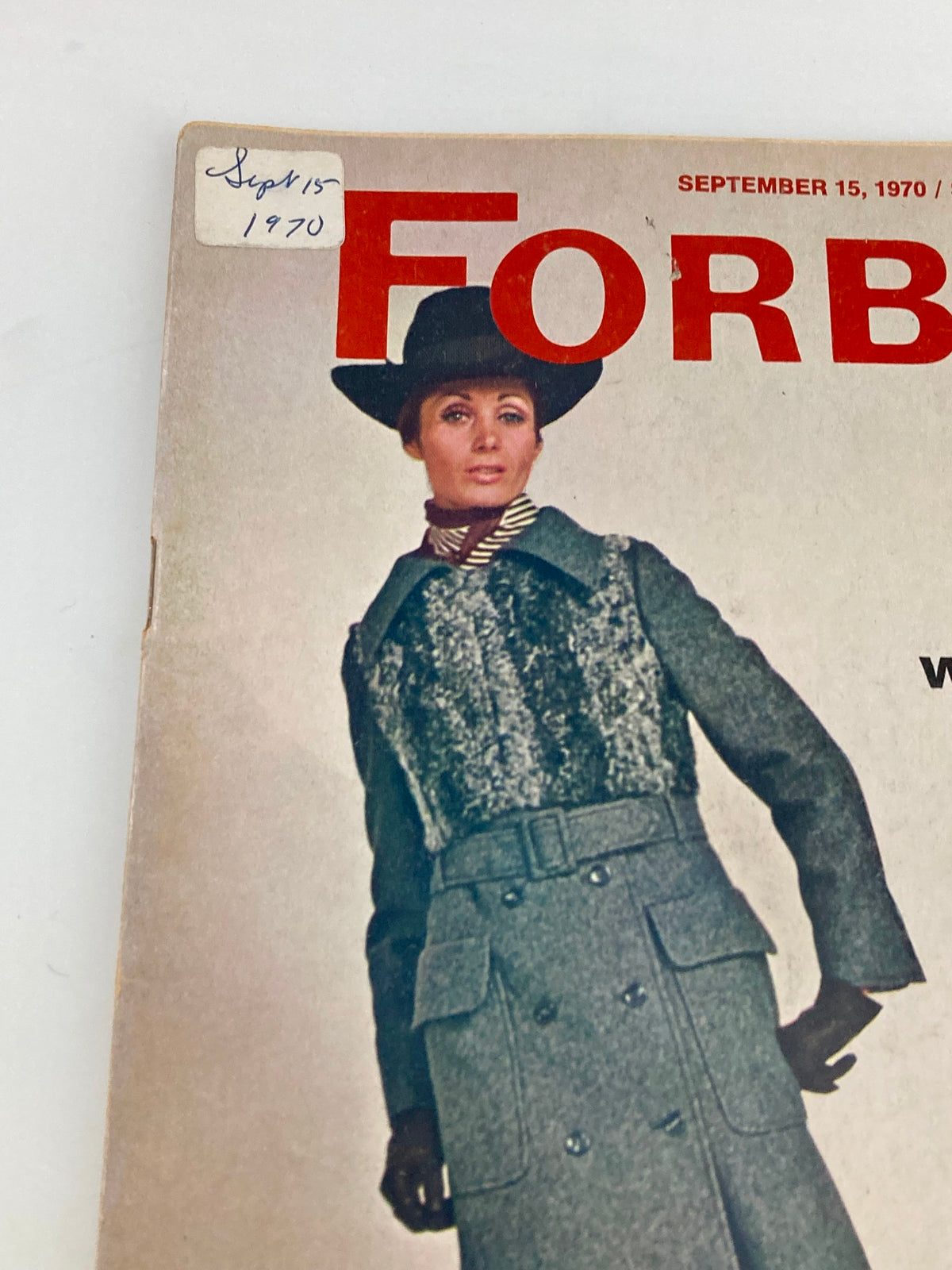 Close-up of the Vintage Forbes Magazine cover dated September 15, 1970, highlighting the question 'Will the Ladies Buy It?' and the featured model's fashion.