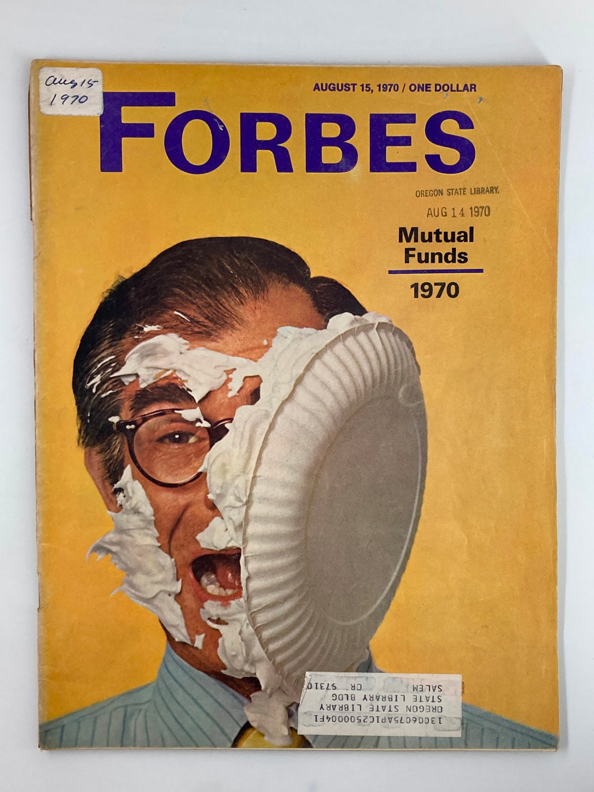 Forbes magazine cover, August 15, 1970, featuring a man with whipped cream on his face and a pie plate, highlighting the 15th Annual Mutual Fund Survey.