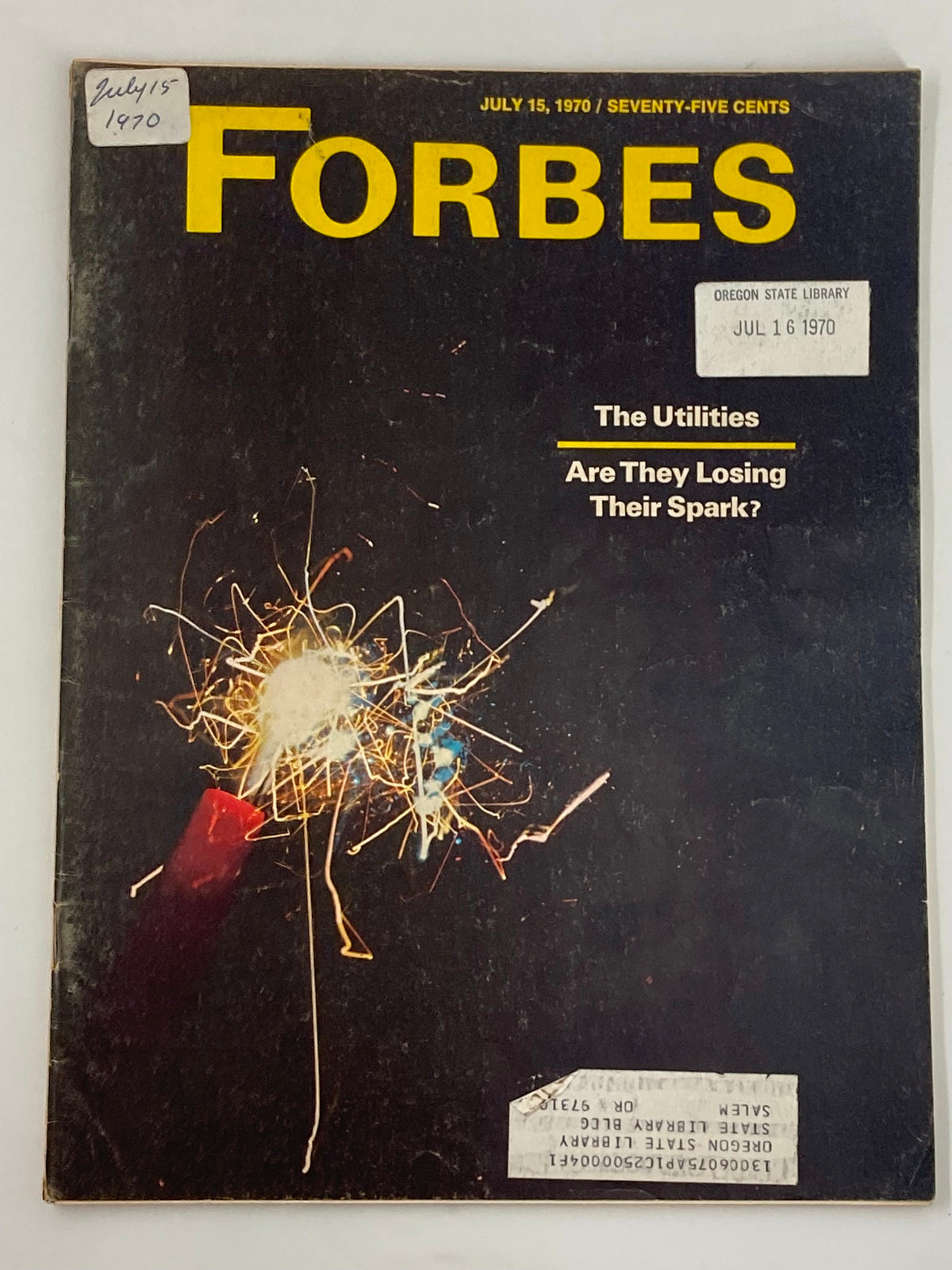 Cover of VTG Forbes Magazine July 15, 1970, featuring the title 'The Utilities: Are They Losing Their Spark?' with an attention-grabbing graphic depicting energy dynamics.