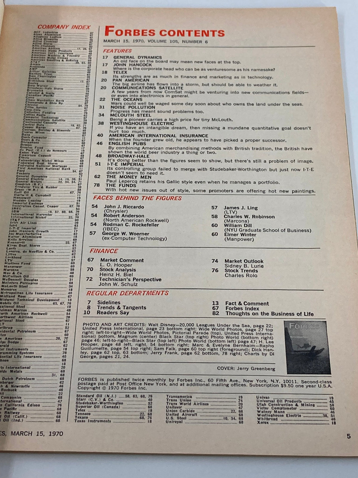 Contents page of Forbes Magazine, March 15, 1970, showcasing various articles and topics including features on economics and marine resources.