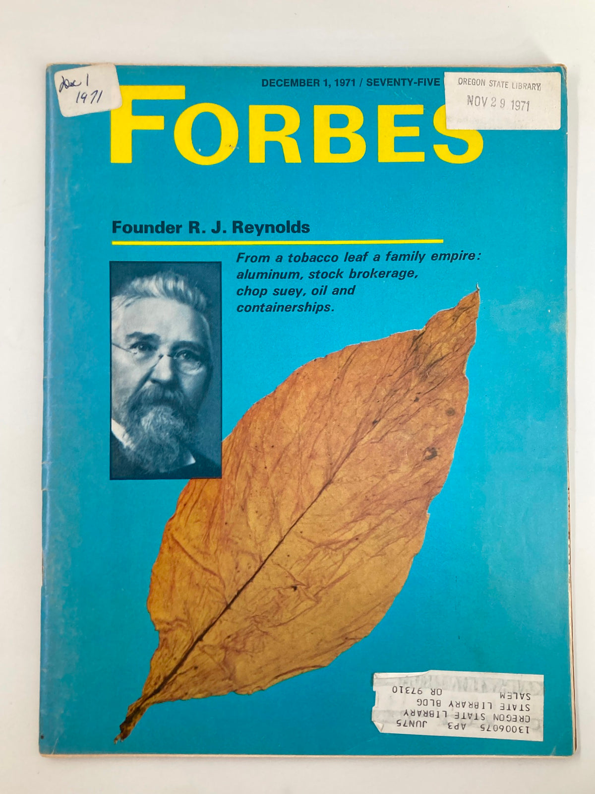 Cover of VTG Forbes Magazine December 1, 1971 featuring Tobacco Leaf Founder R. J. Reynolds with a detailed image of his portrait and tobacco leaf.