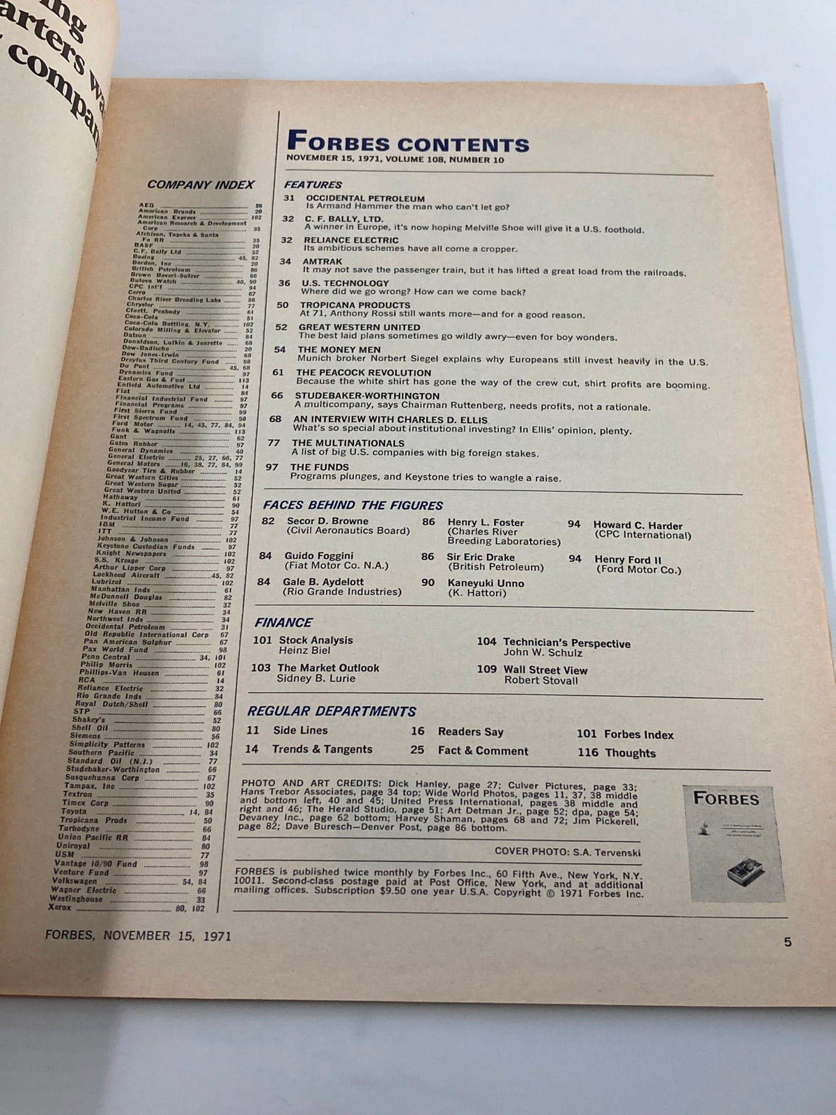 Contents page of VTG Forbes Magazine November 15 1971, showcasing articles including features on U.S. technology and various business topics.