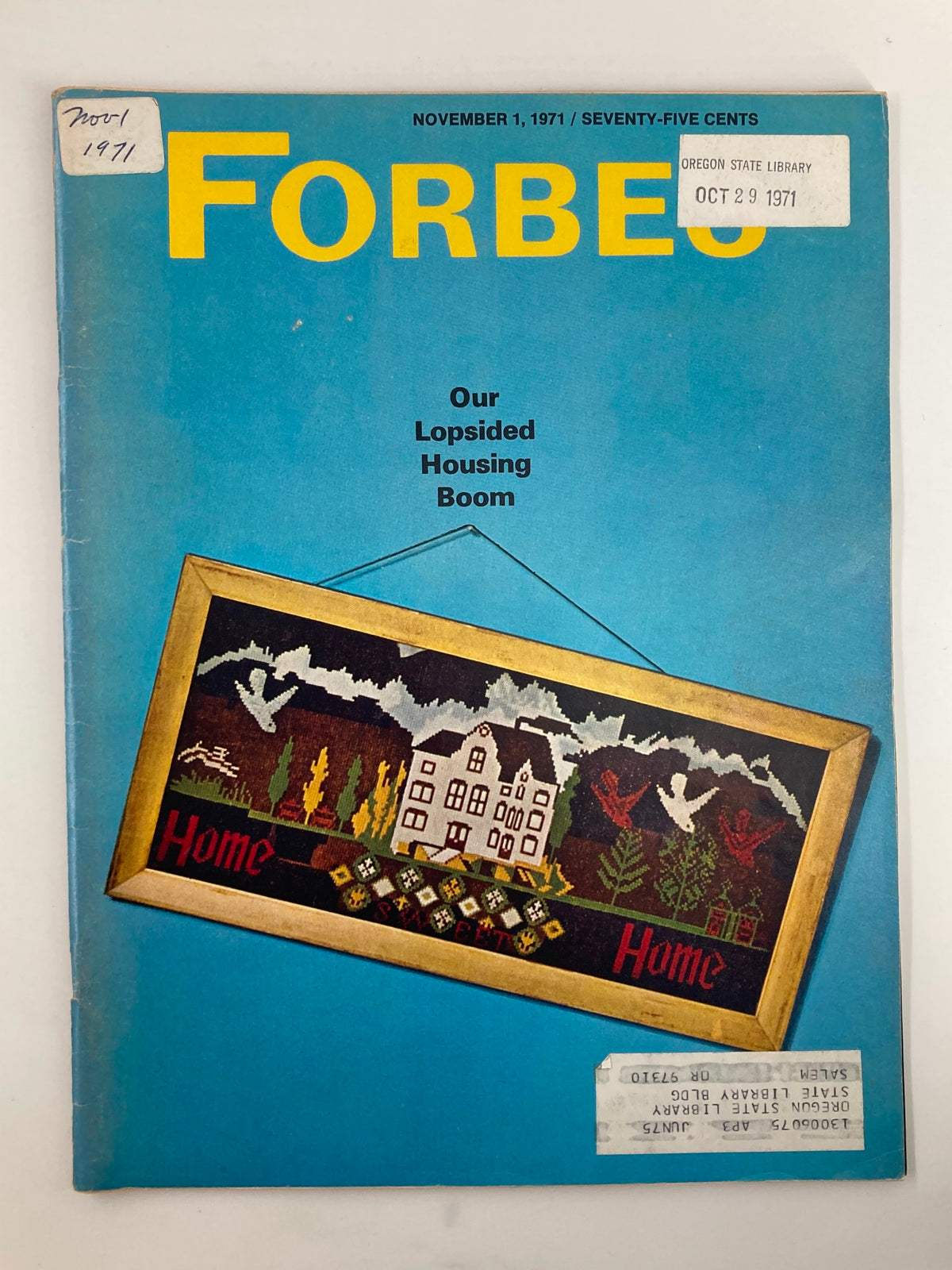 Cover of VTG Forbes Magazine November 1 1971 featuring the article 'Our Lopsided Housing Boom' with colorful graphics depicting a house and a landscape.