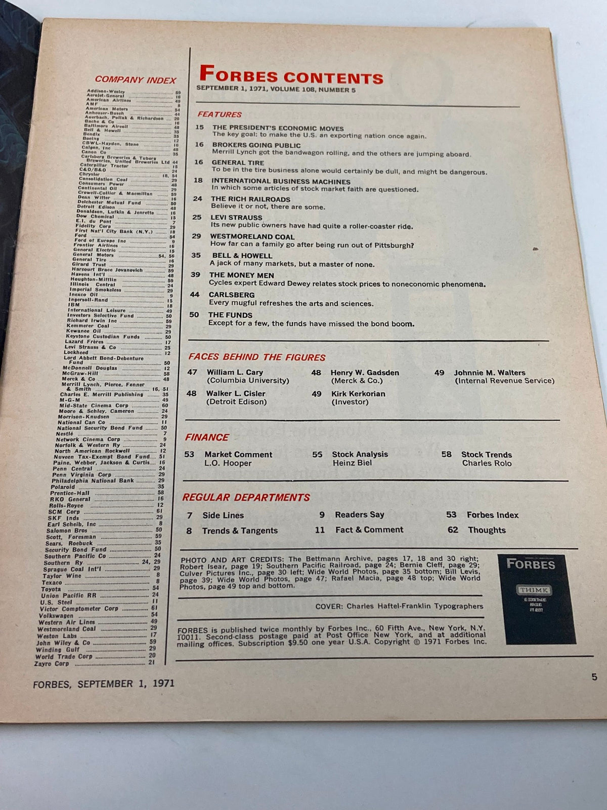 Table of contents page from VTG Forbes Magazine September 1 1971, highlighting various articles and features, including business insights and financial trends.