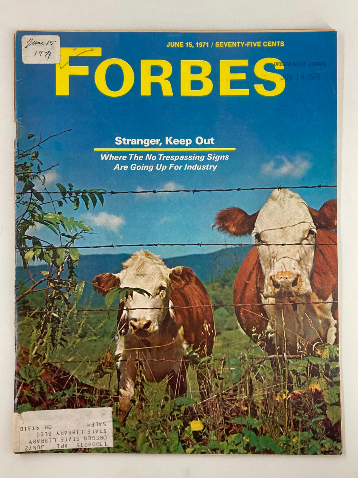 VTG Forbes Magazine June 15 1971 cover featuring the headline 'Stranger, Keep Out' with cows in a pasture and barbed wire, celebrating vintage publishing and collecting.