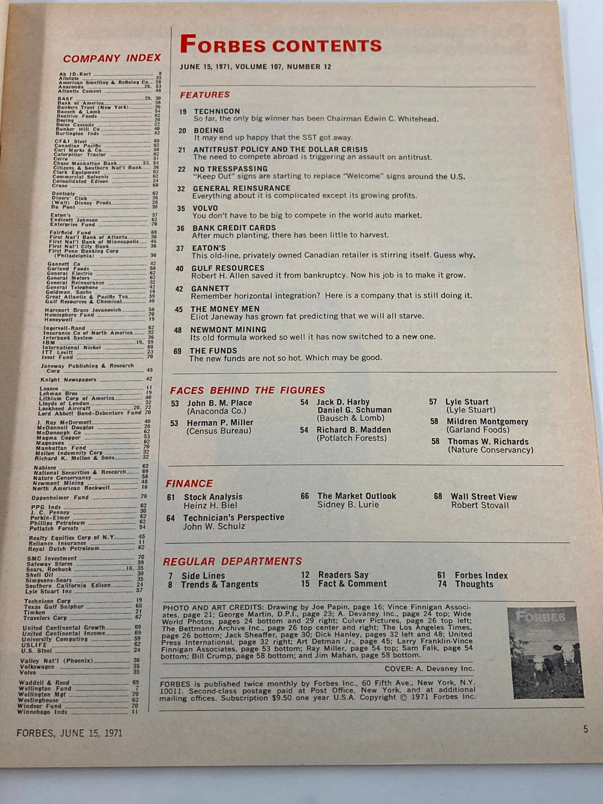 Contents page of VTG Forbes Magazine June 15 1971, showcasing articles and features including topics on technicon, Boeing, antitrust policy, no trespassing signs, and more.