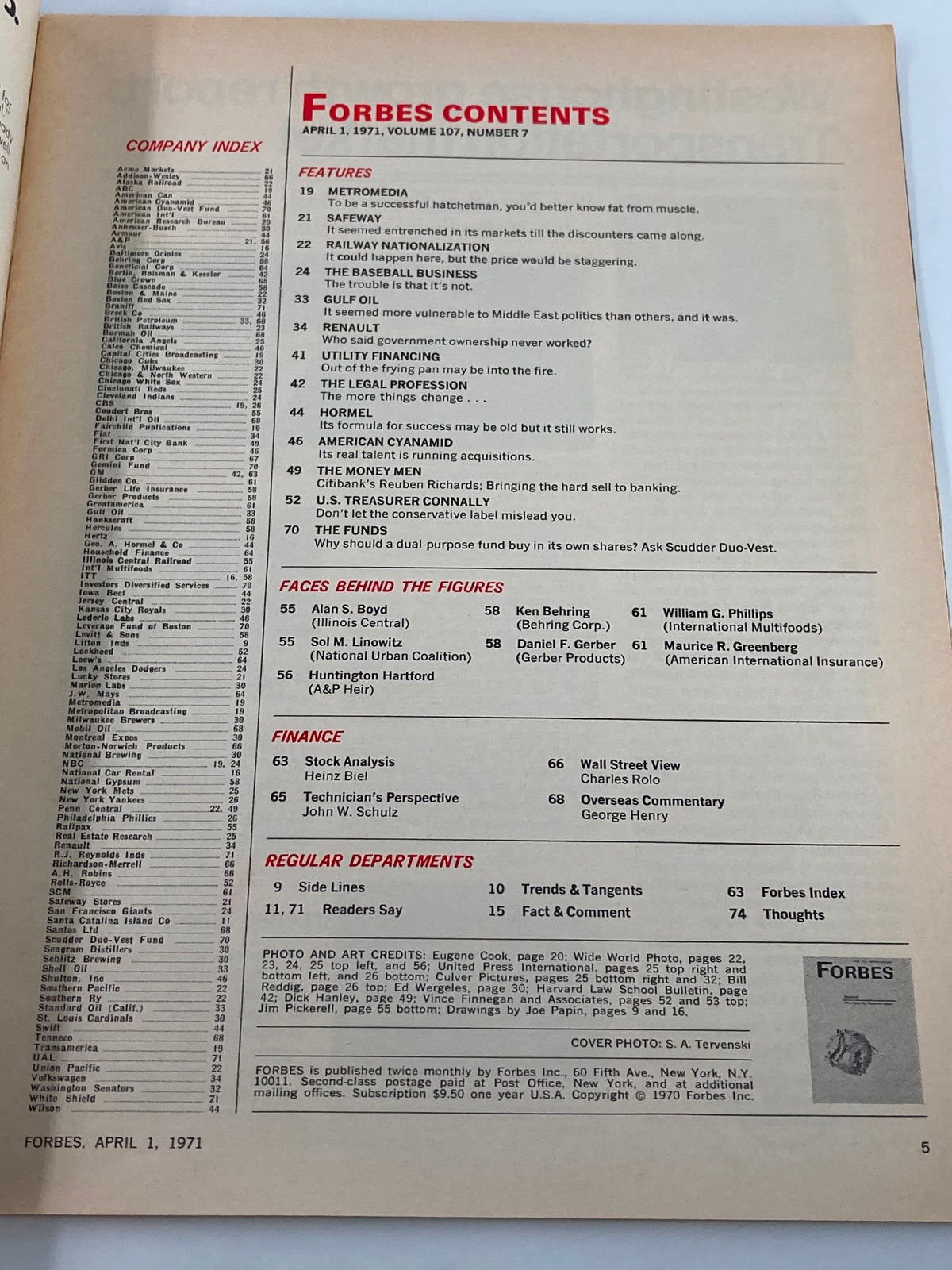 Contents page of VTG Forbes Magazine, April 1, 1971, listing features and departments including analysis of the baseball business.