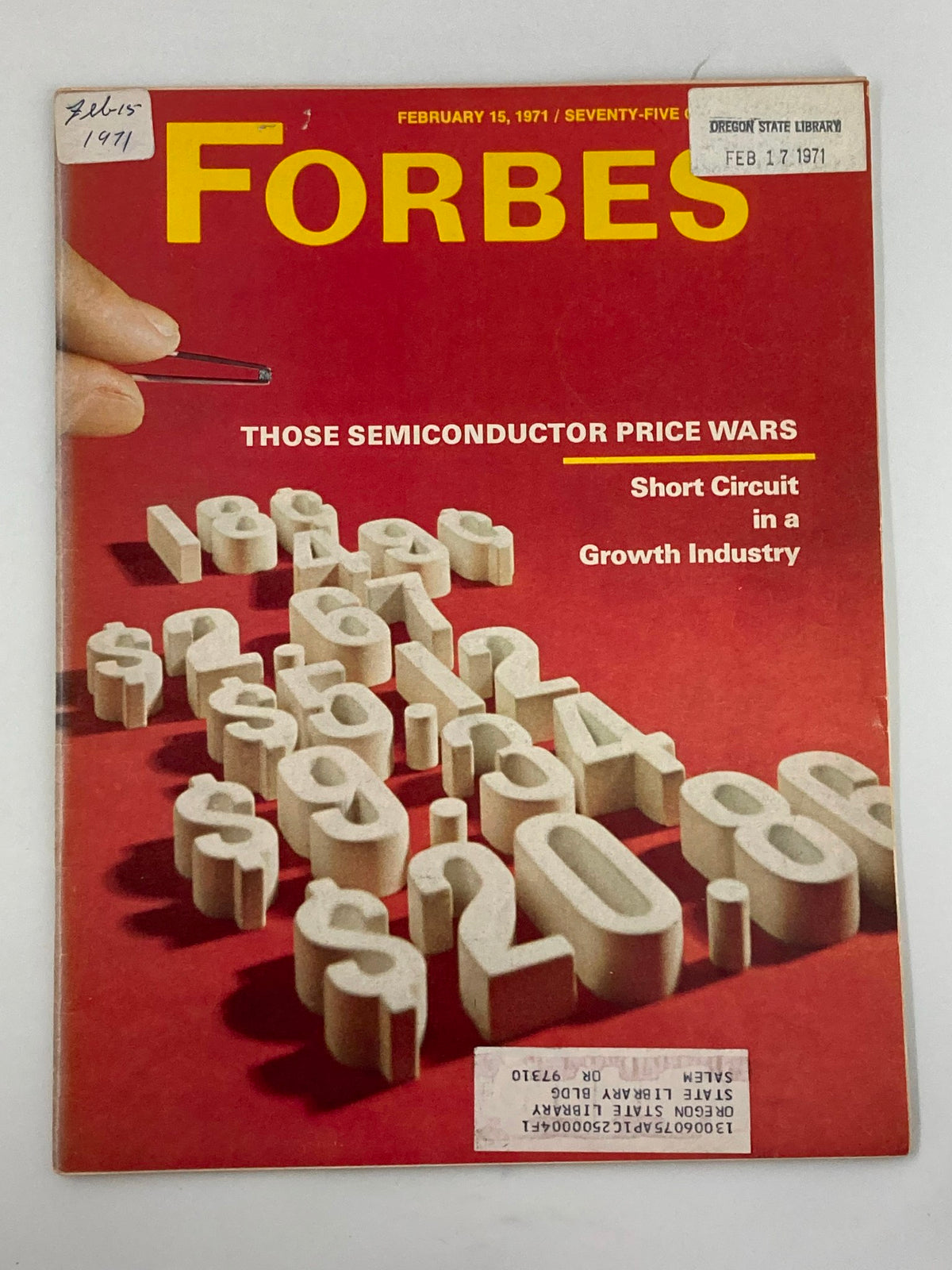 Forbes Magazine cover from February 15, 1971, featuring the headline 'Those Semiconductor Price Wars' and showcasing images of price numbers on a vibrant red background.
