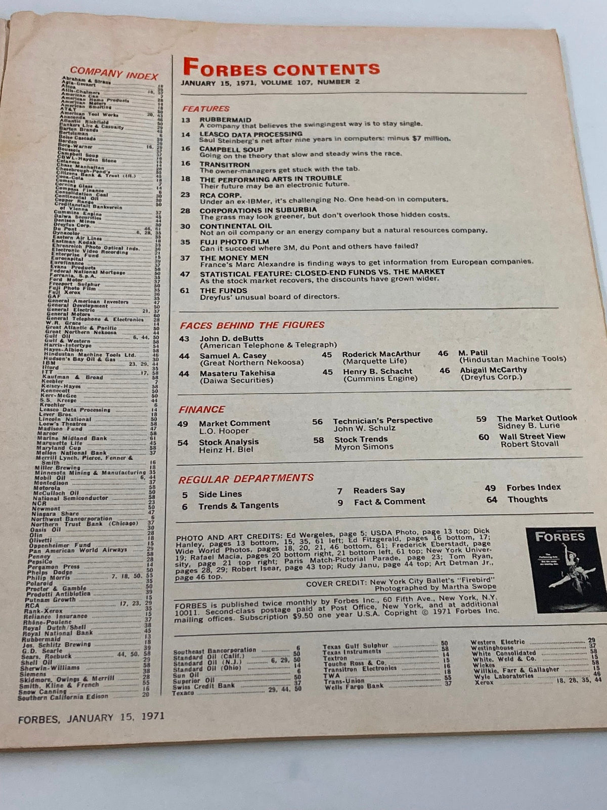 Contents page of the January 15, 1971 issue of Forbes Magazine, listing features including The Performing Arts In Trouble and other economic topics.