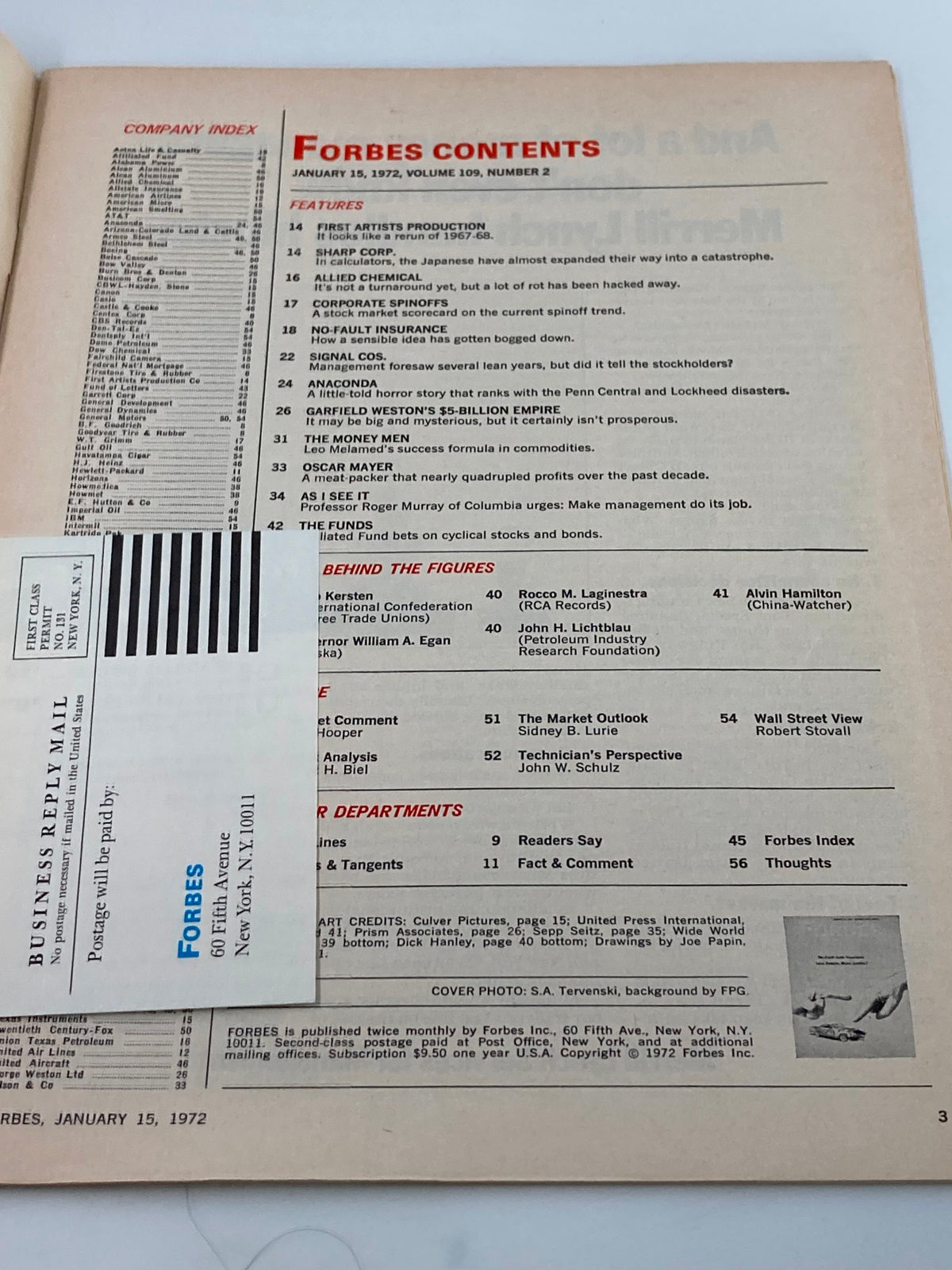 Contents page of VTG Forbes Magazine January 15 1972, detailing articles including No-Fault Insurance and various business features.
