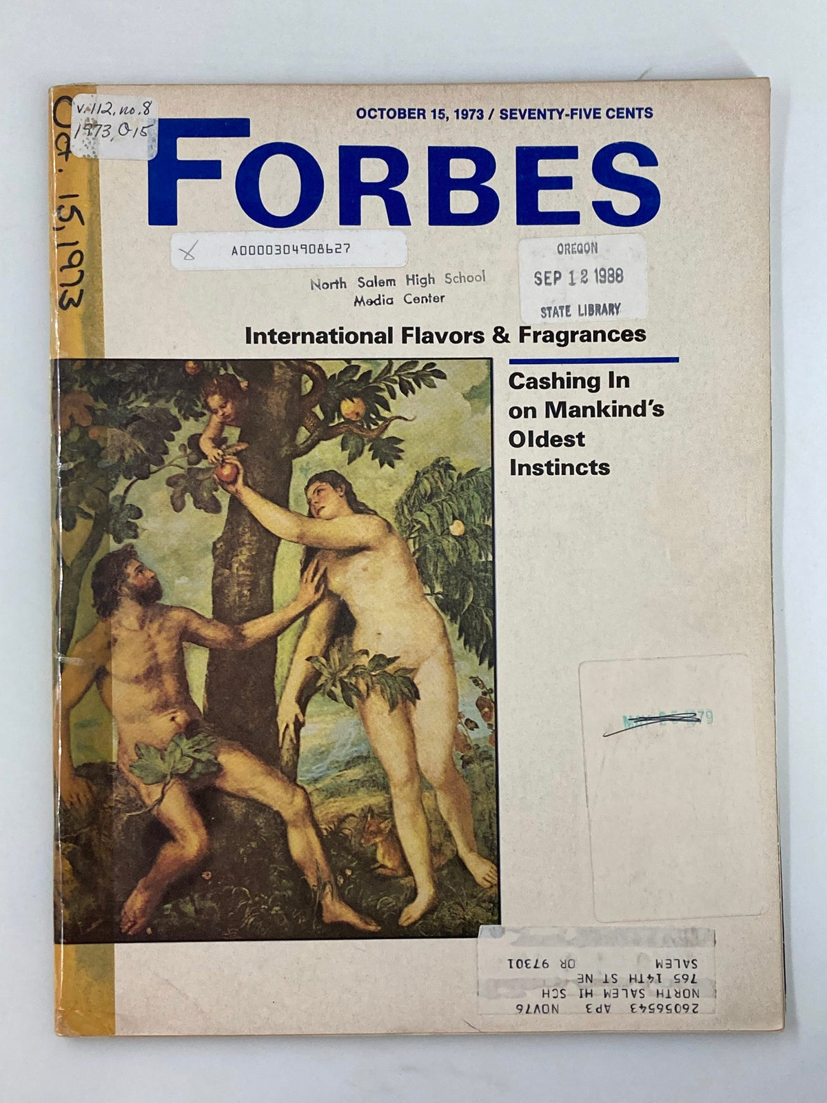 Cover of VTG Forbes Magazine October 15, 1973 titled 'Cashing In on Mankind's Oldest Instincts' showcasing artwork and magazine details.