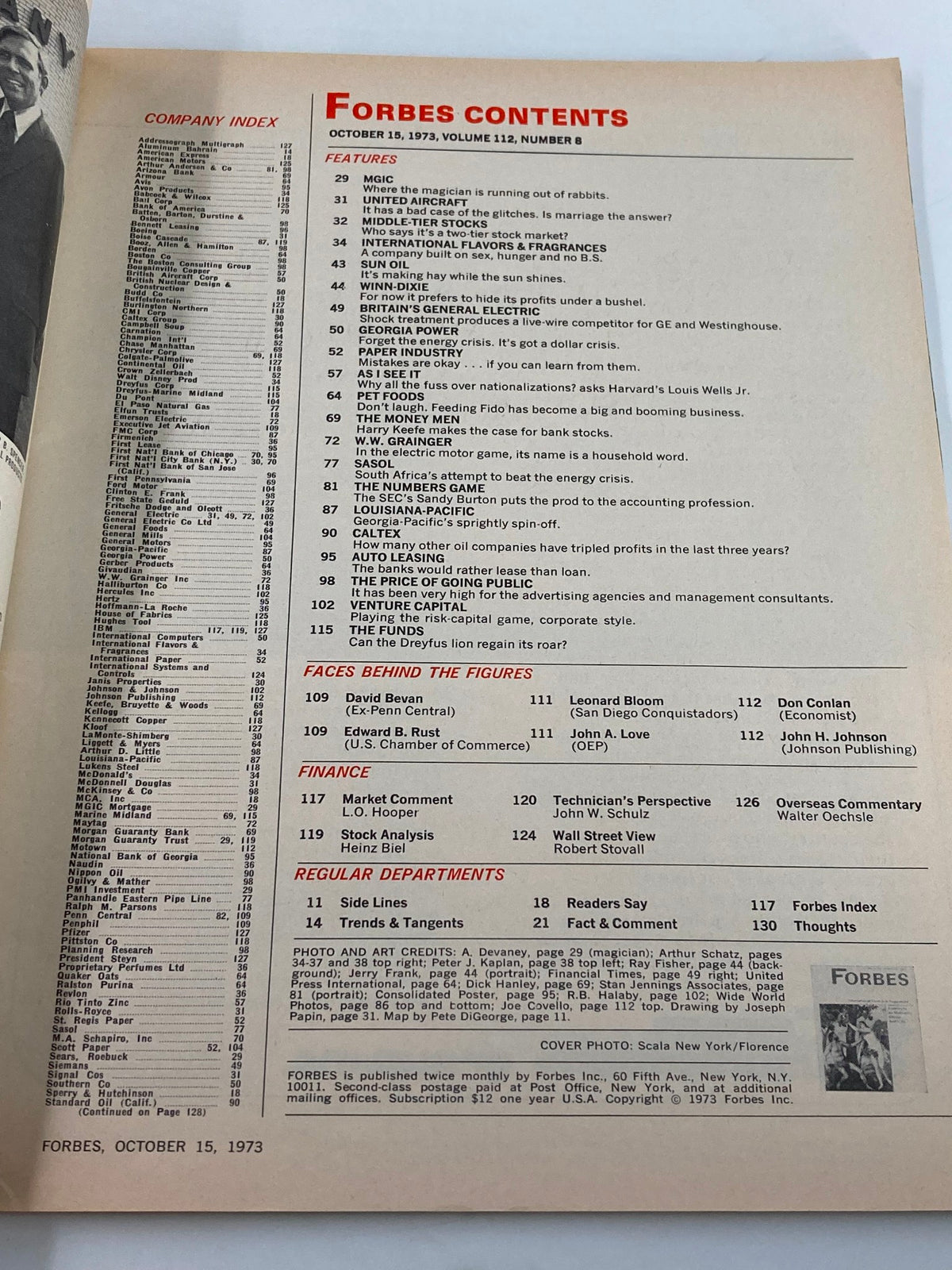 Inside contents page of VTG Forbes Magazine October 15, 1973 listing features and articles, including 'International Flavors & Fragrances.'