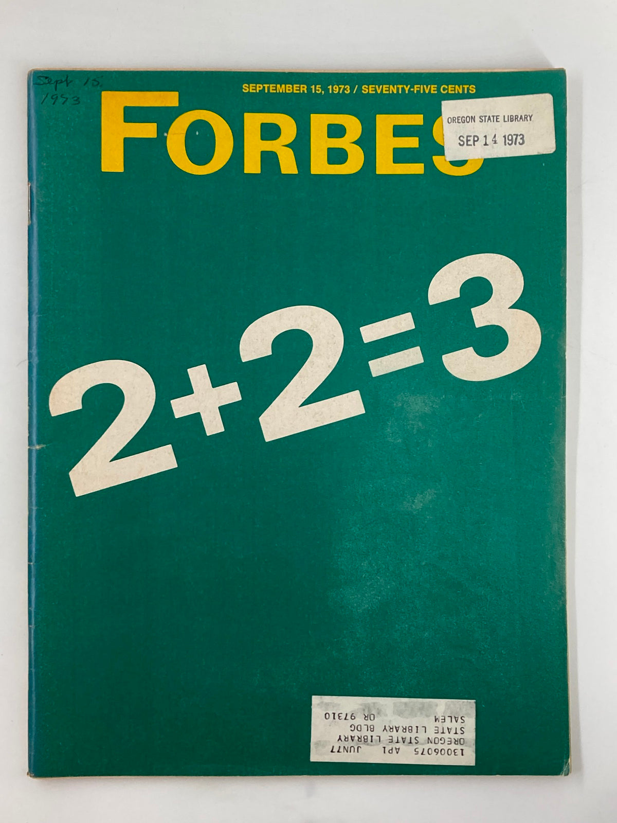 Cover of VTG Forbes Magazine dated September 15, 1973, featuring the title '2+2=3' and a green background, with library stamps indicating previous ownership.