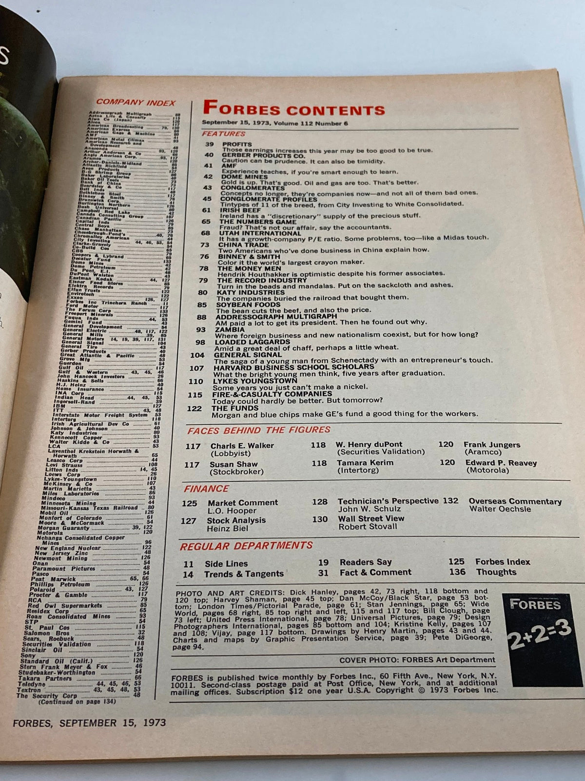 Contents page of the VTG Forbes Magazine from September 15, 1973, showcasing the organization of articles, topics, and features included in that issue.