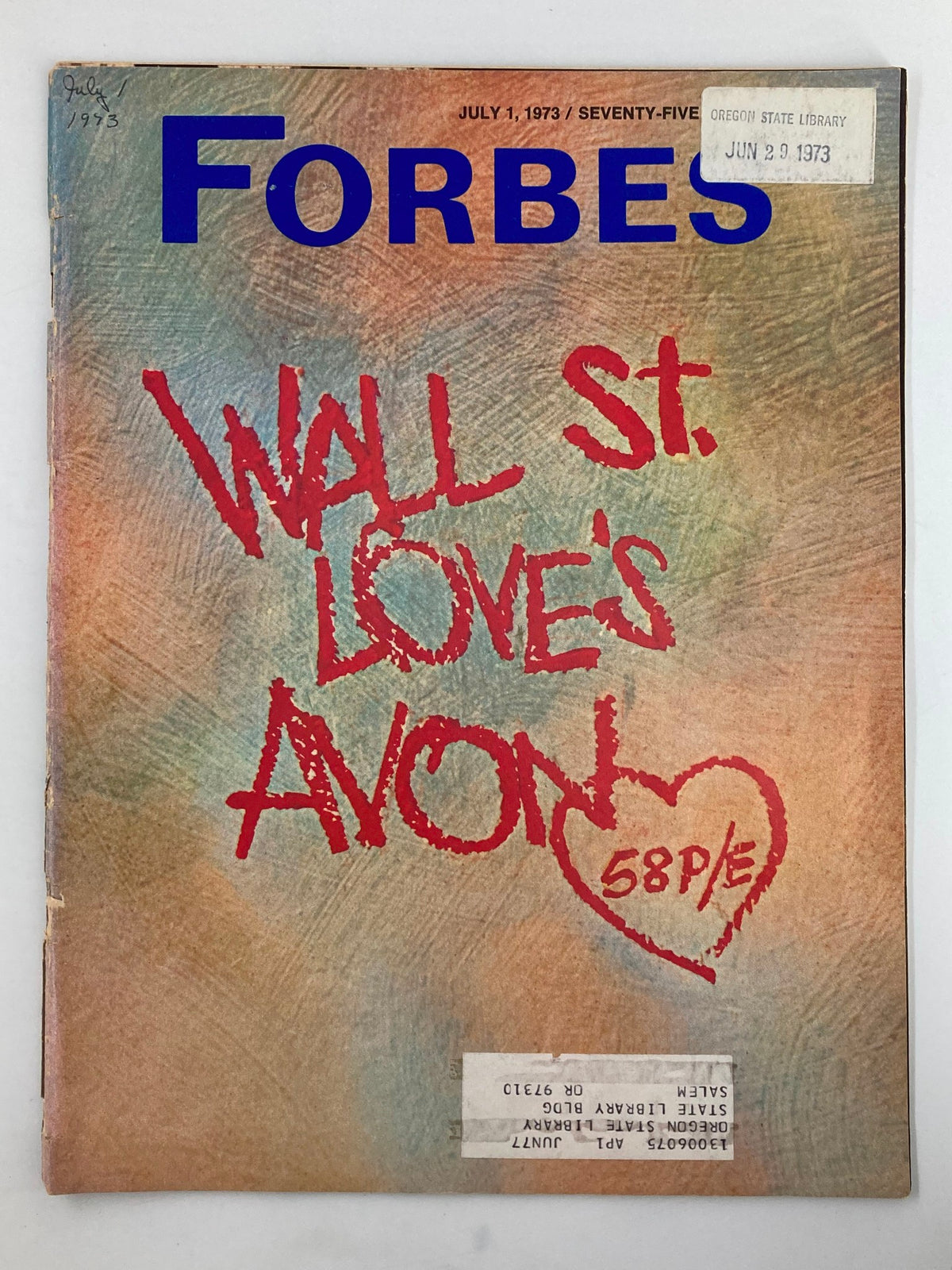 Cover of VTG Forbes Magazine July 1, 1973 featuring 'Wall St. Love's Avon 58 P/E', showcasing the magazine's title and unique artwork.
